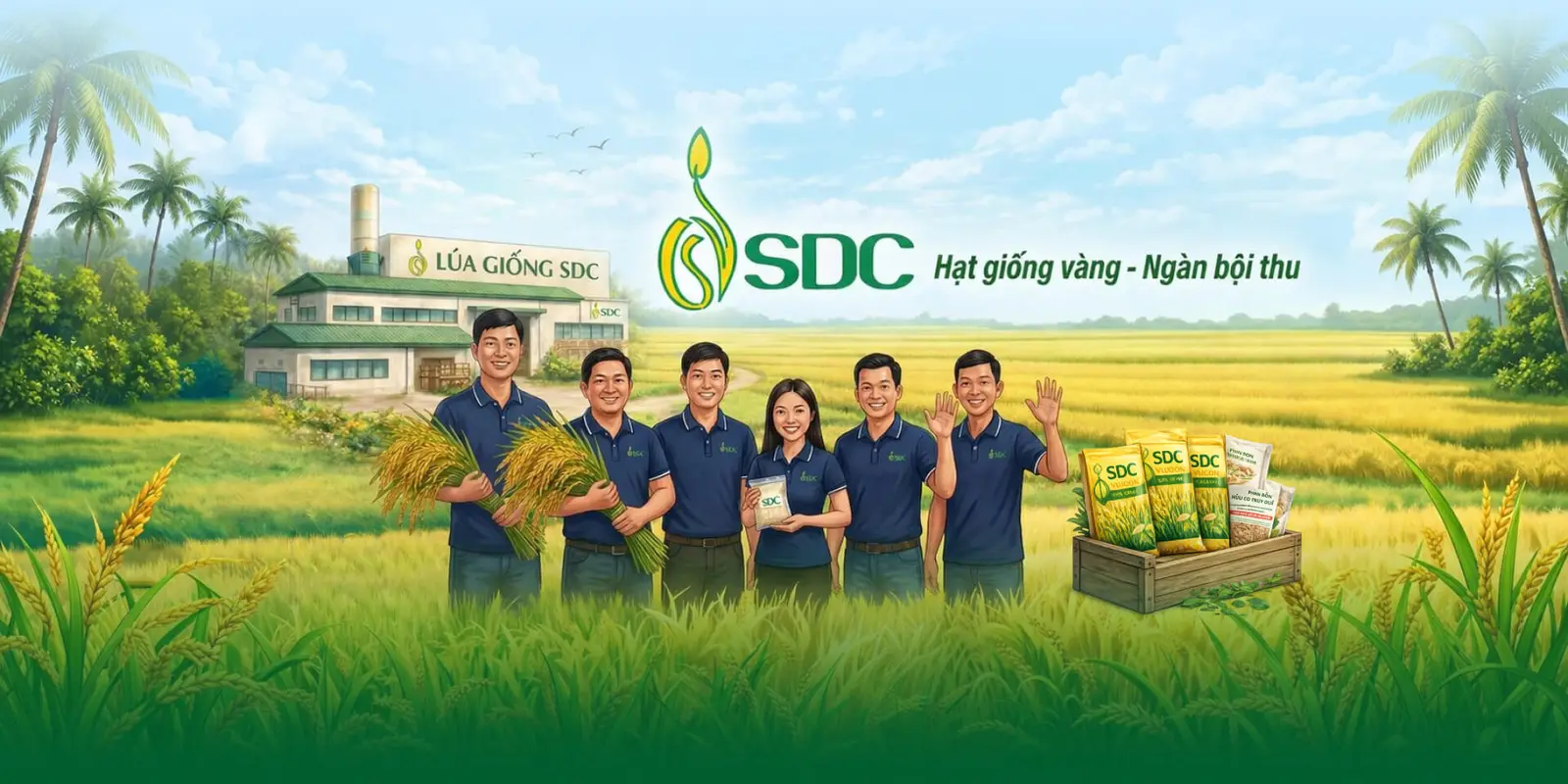 Đội ngũ Lúa Giống SDC đứng giữa cánh đồng lúa chín cạnh các bao lúa giống